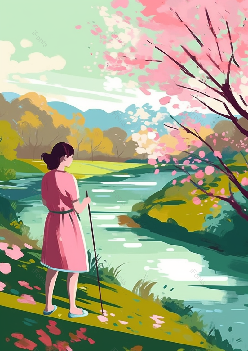 春天一个女孩在户外看风景背景,插画/手绘图,插画/手绘图库,插画/手绘图下载,插画/手绘